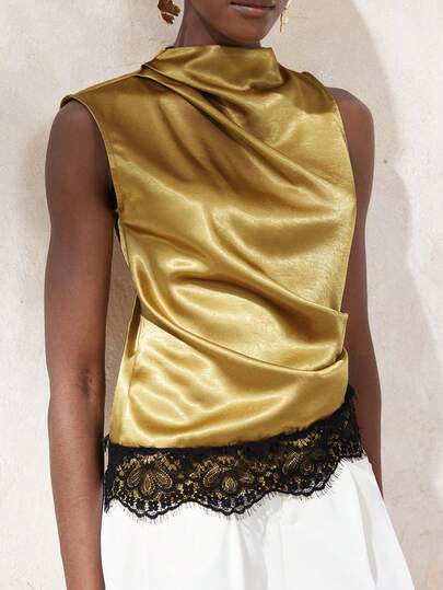Aveloria Modichic Gold Mustard Yellow Satin One Shoulder Asymmetric Lace Trim Blouse, Draped Pleated Design, Vintage French Elegant For Party, Work, Casual, Vacation
