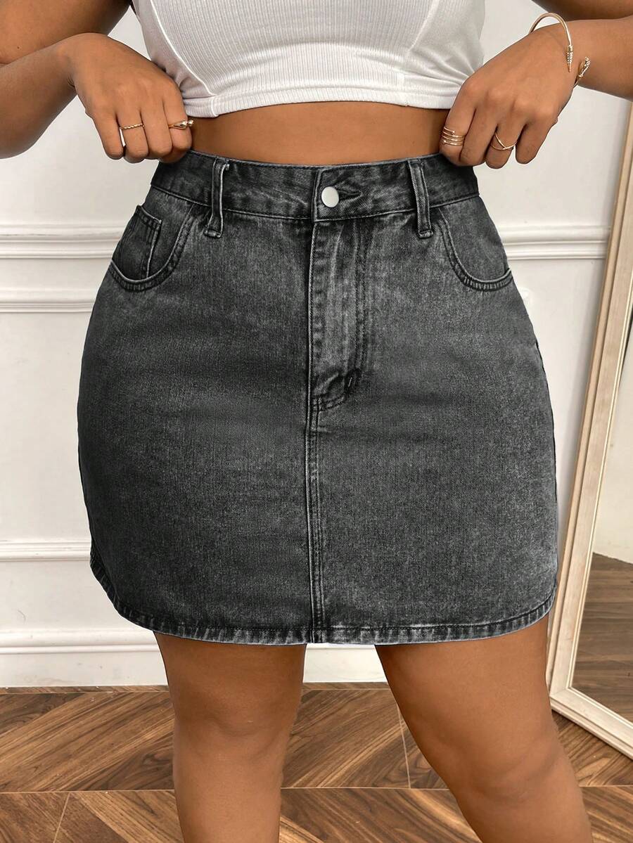SHEIN SXY 大码夏季街头水洗不对称口袋牛仔迷你裙 - 灰色 - 查看 1