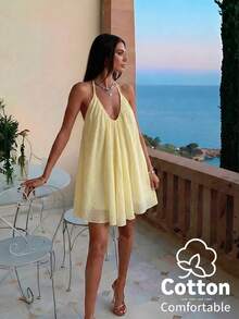 Aloruh Women's Deep V-Neck Spaghetti Strap A-Line Flowy Ruffle Hem Dress, Green,Dresses For Women Summer - Yellow - View 6
