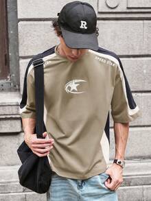 SWAVVY Casual Colorblock Star & Letter Print Short Sleeve T-Shirt For Men - Brown - View 2