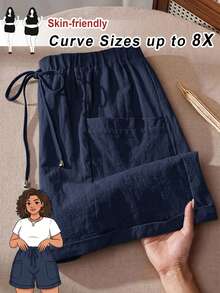 SHEIN CURVE+ 女士加大码时尚休闲宽松短裤，带口袋设计，适合春夏度假穿着 - 藏蓝色 - 查看 2