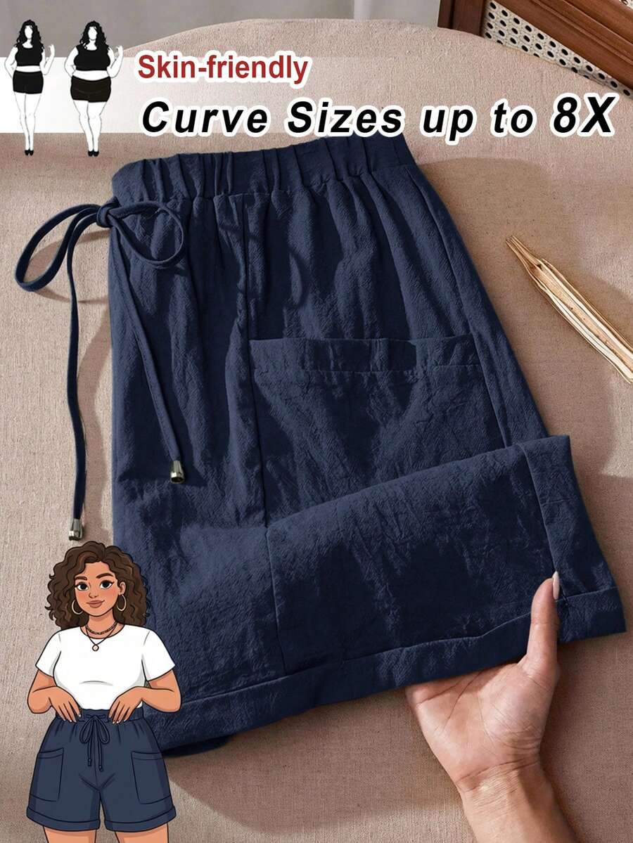 SHEIN CURVE+ 女士加大码时尚休闲宽松短裤，带口袋设计，适合春夏度假穿着