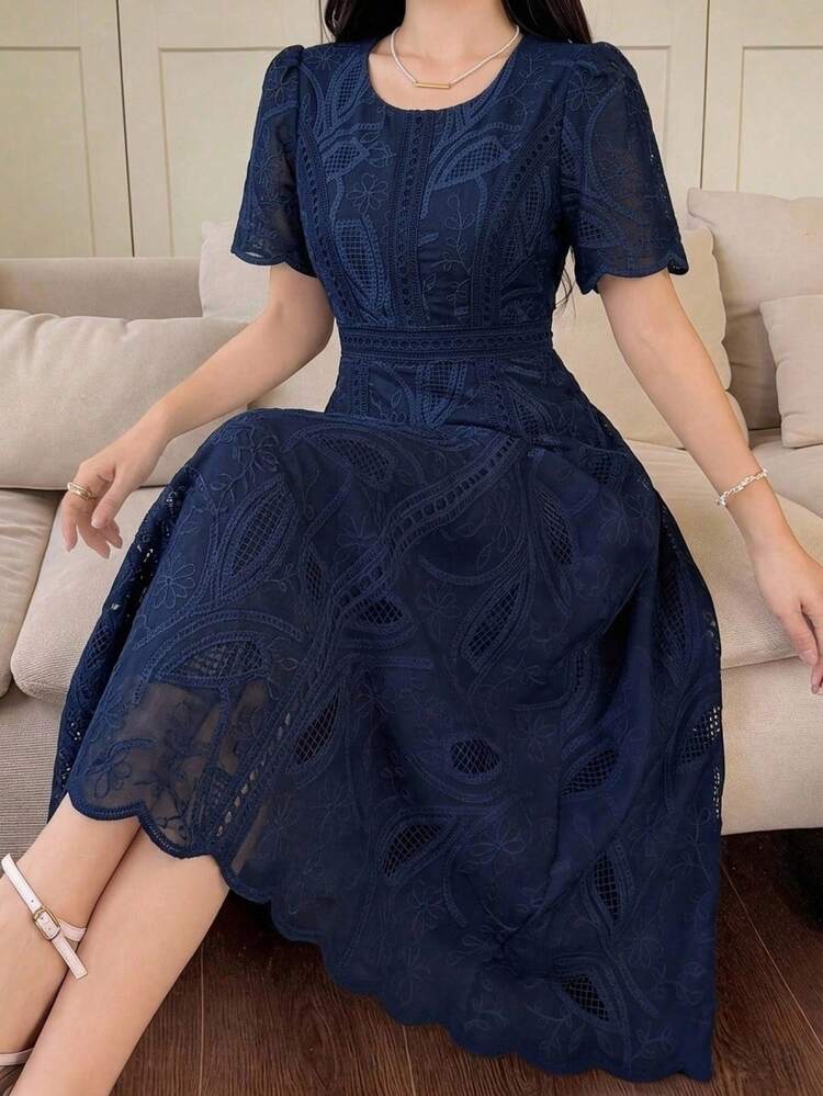 Women's Elegant Floral Lace Round Neck Petal Sleeve Mid-Length Dress, Summer Sundress