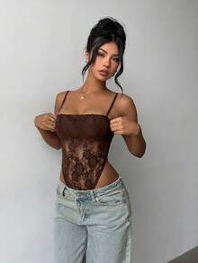 Aloruh Solid Color Lace Backless Camisole Camisole - Coffee Brown - View 3