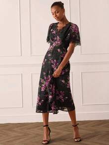 Lilora Women's Elegant Cutout Floral Dress,Black And Purple,Summer High-Fashion Graceful Dress,Versatile For Wedding,Commuting,Parties,Holidays & Vacations - Multicolor - View 1