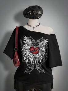 SHEIN ICON 大码女式哥特图案印花宽松不对称肩部T恤，街头服饰 - 黑色 - 查看 2