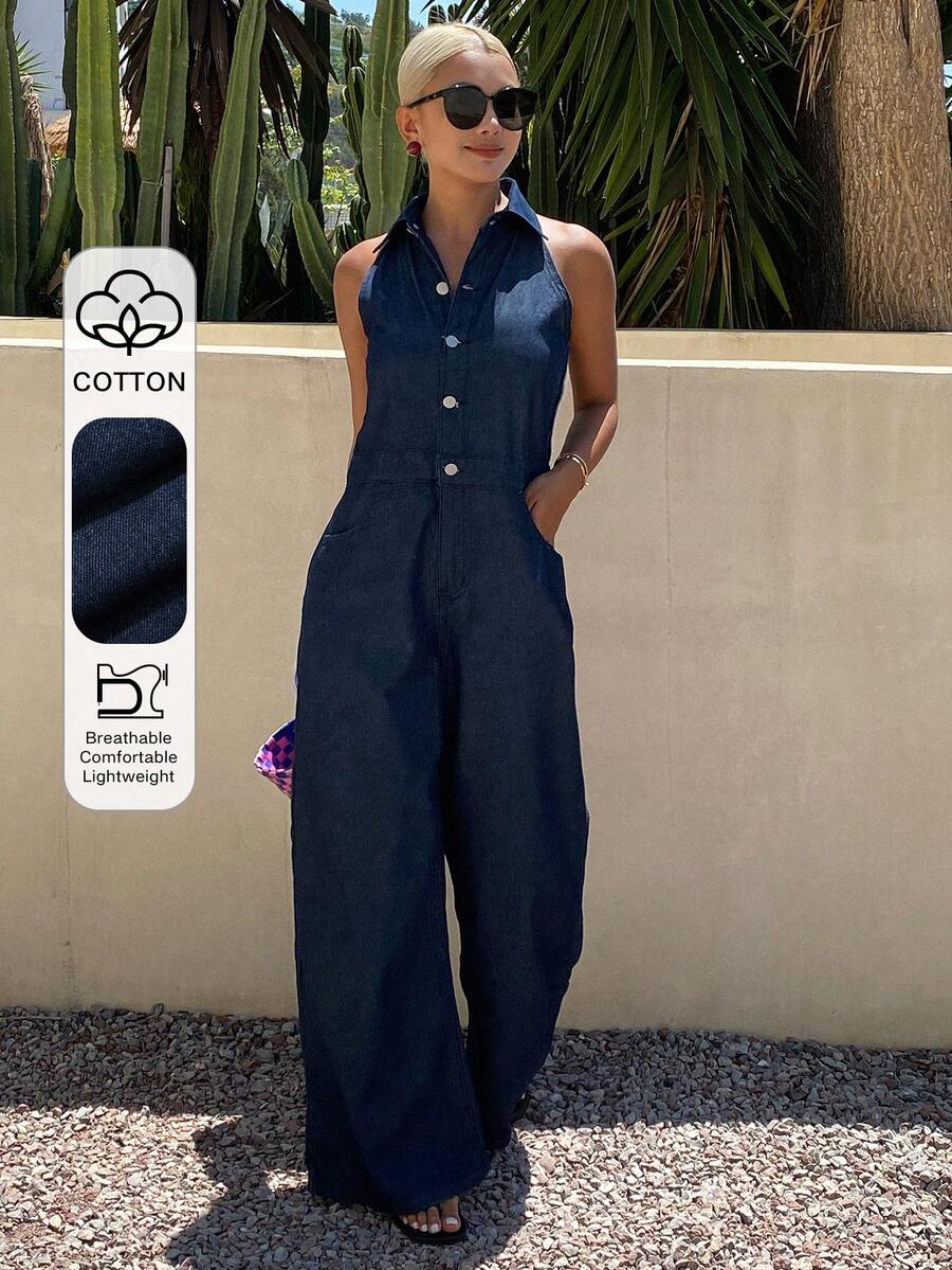Livesso Mono de pierna ancha recta para mujer con lavado vintage azul, empalme en la cintura, estilo casual para festival de música y vacaciones, para primavera y verano - Azul lavado medio - Ver 1