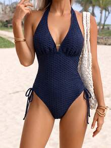 Swim Lushoire Traje de baño de una pieza de color azul marino sólido para vacaciones de verano y uso casual en la playa para mujeres, conjunto de traje de baño con textura y atar al cuello - Azul Marino - Ver 1