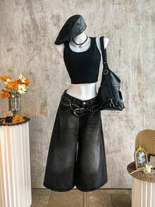 K-Vae Women's Casual Loose Fit 3/4 Wide Leg Jeans, Blue - Black - View 1