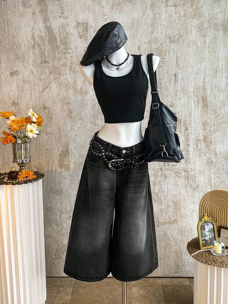 K-Vae Women's Casual Loose Fit 3/4 Wide Leg Jeans, Blue - Black - View 1