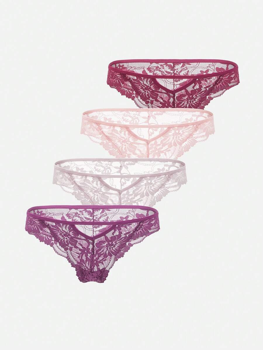 Bella Beso 4pcs/Pack Sexy Low Waist Seamless Floral Lace Thong Panties | Soft, Breathable, Suitable For Yoga, Daily Wear, Hollow Out Low Waist Briefs