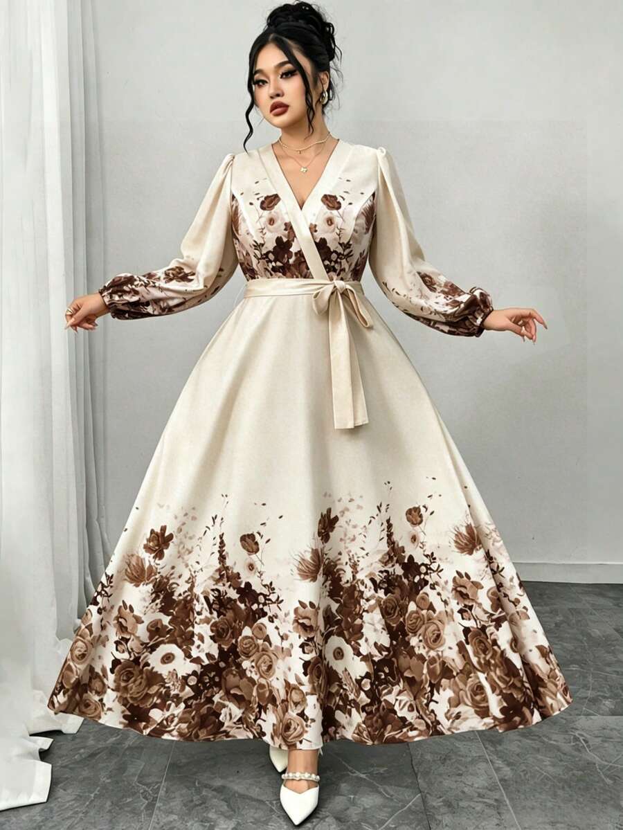 Modelyn 大码女式V领碎花系腰长袖连衣裙 - 棕色 - 查看 1