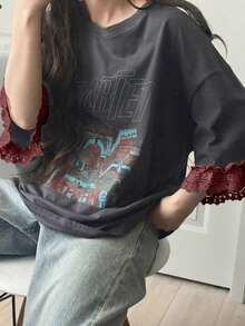 FRIFUL Women's Casual Loose Fit Letter Print Lace Patchwork Short Sleeve T-Shirt, Breathable Cotton Blend, Versatile For Spring/Summer Graphic Tees Women - Grey - View 6