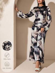 Veilorie Vestido de manga larga con estampado minimalista y estilo árabe para mujer - Multicolor - Ver 1