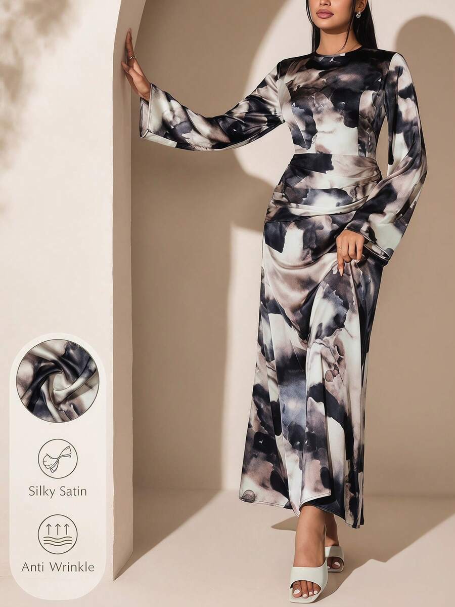Veilorie Vestido de manga larga con estampado minimalista y estilo árabe para mujer - Multicolor - Ver 1