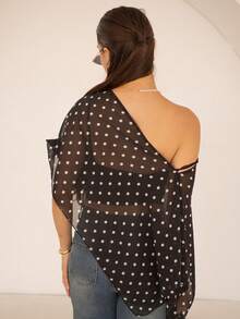 Andrea Bello Black Polka Dot Asymmetric Shoulder Mesh Blouse For Women, Spring/Summer Polkadot Top Women Summer Blouse Top Short Sleeve Top Top Summer Vacation - Black - View 2