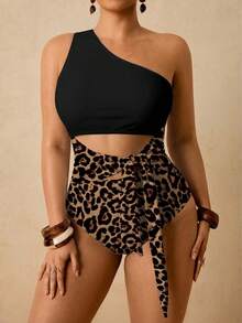 Travachic Plus Size Retro Leopard Print Contrast Color One-Piece Swimsuit, Beach Bathing Suits For Women One Piece Swimsuit Women - Multicolor - View 3