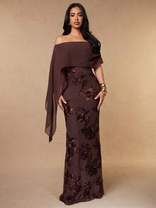 Silquee Váy dài màu nâu cà phê trễ vai bằng vải chiffon với họa tiết thêu hoa 3D, gợi cảm và thanh lịch dành cho nữ, kiểu dáng đuôi cá tôn dáng, phù hợp cho ngày Valentine, hẹn hò, tiệc ngoài trời, dã ngoại, hộp đêm và các bữa tối trang trọng, lý tưởng cho đám cưới, tiệc tùng, bãi biển, kỳ nghỉ, mặc hàng ngày, hộp đêm, đám cưới, váy phù dâu, tiệc cocktail, các buổi họp mặt trang trọng, váy sinh nhật, kỳ nghỉ biển. - Cà phê nâu - Xem 1