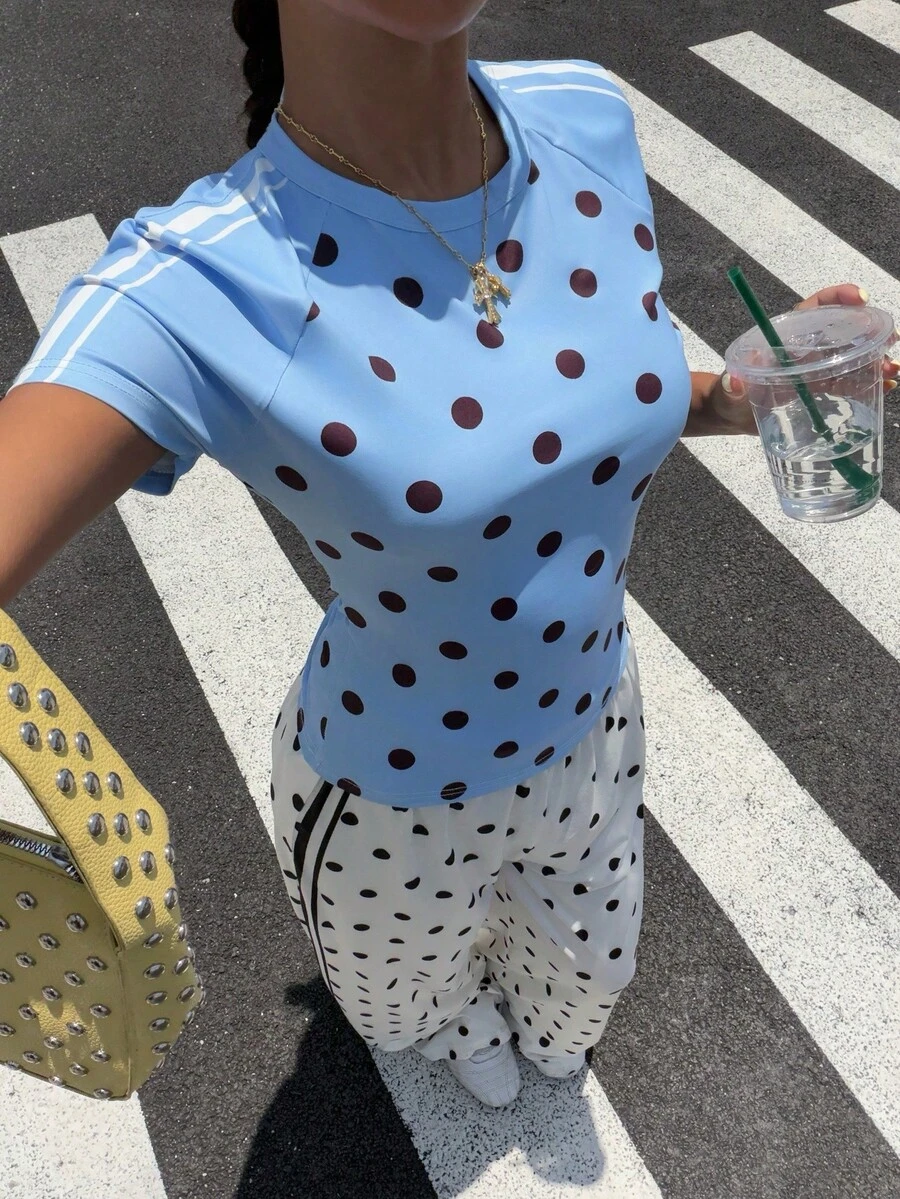 Muchica Women's Polka Dot Short Sleeve Top And Pants Casual Athleisure Sportswear Set City Break Vacation Match Day World Cup Football Gym Blue Summer