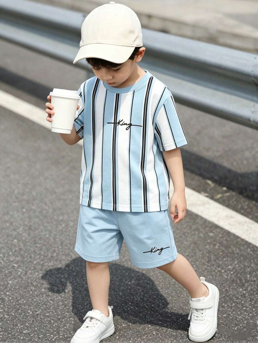 2pcs/Set Young Boy's Casual Striped Print Short Sleeve T-Shirt And Striped Print Shorts, Fashionable And Comfortable, Suitable For Spring/Summer, Photography, Daily Wear, Outings, Street Style, Holidays, Gifts - Multicolor - View 1