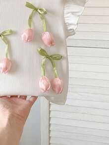 SHEIN 少女夏季休闲甜美可爱度假风3D花朵蝴蝶结装饰荷叶边袖口T恤 - 彩色 - 查看 7