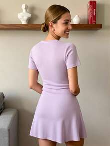 Vestido de punto de línea A con cintura ceñida y escote en V, estilo francés - Morado - Ver 5