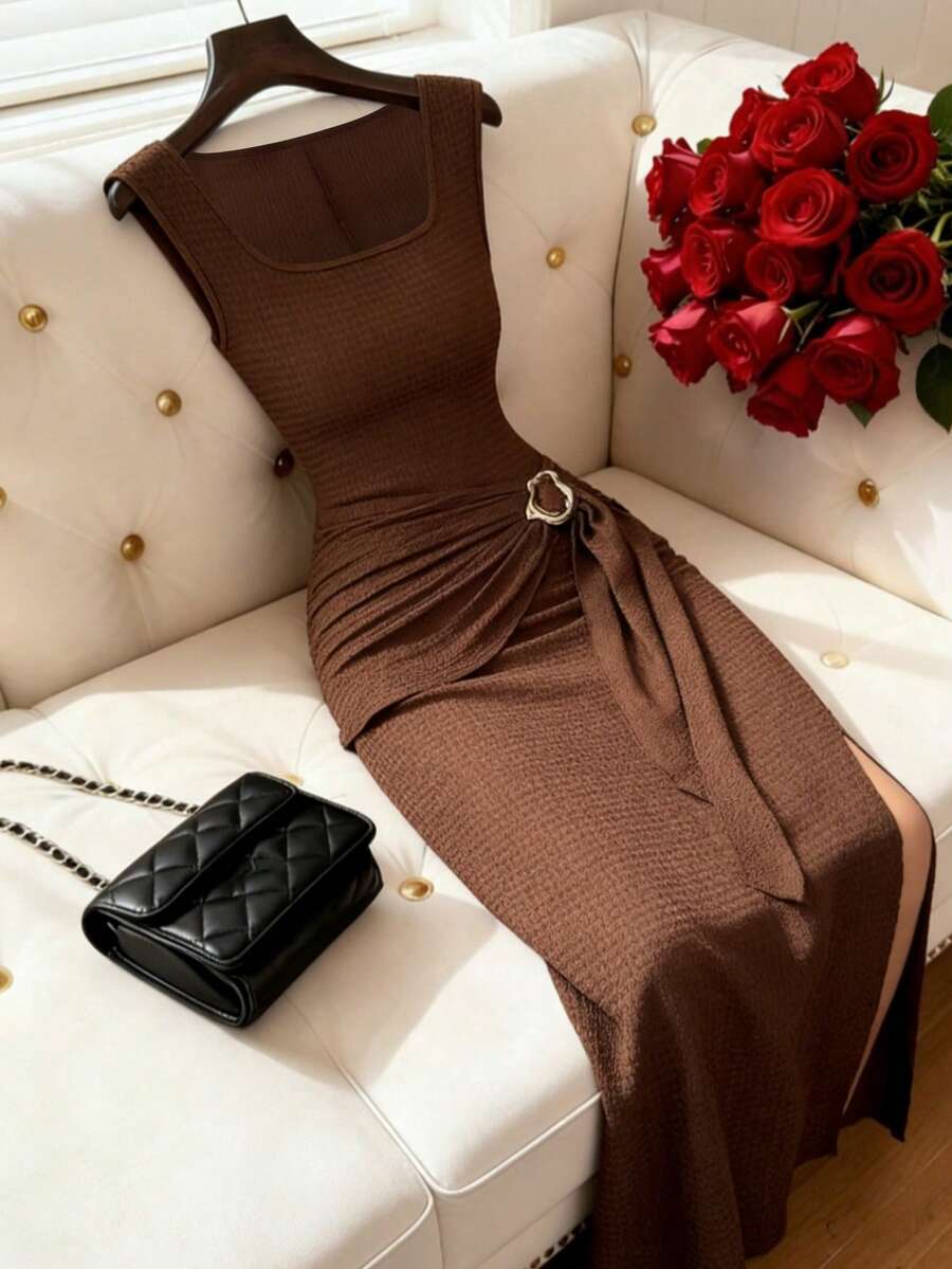 Elenzga New Asymmetric Ruched Draped Metal Buckle Hem Side Slit Bodycon Dress, Square Neck, Slimming, Elegant, Sexy - Brown - View 1