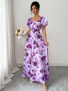 SHEIN Elenzya Women Purple Floral Elegant Summer Tea Party Rose Ditsy Floral Ruched Front Ruffle Sleeve Waist A-Line Maxi Dress,French Retro Vacation Date Fashion - Multicolor - View 5