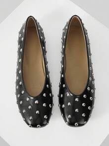 Mnmlis Women's Fashion Square Toe Rivet Decorative Flat Sole Shoes Daily Commute Party Comfortable And Versatile - Black 1 - View 1