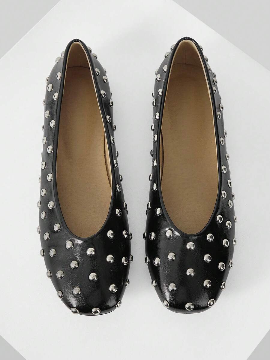 Mnmlis Women's Fashion Square Toe Rivet Decorative Flat Sole Shoes Daily Commute Party Comfortable And Versatile - Black 1 - View 1