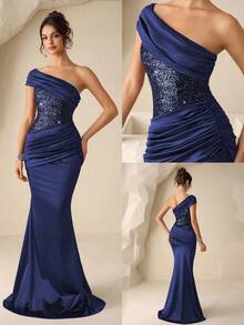 Coutiva Đầm dạ hội nữ đính sequin, cổ bất đối xứng, dáng đuôi cá. - Màu xanh hải quân - Xem 5