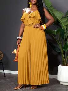 Reflora Plus Size Women Solid Color Backless Tie Pleated Wide Leg Jumpsuit - Yellow - View 7