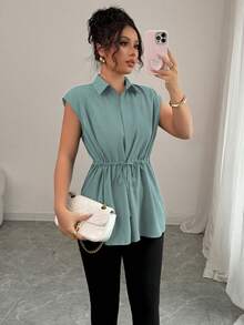 Elenzga Women's Casual Smart Casual Teachers' Day Style Solid Color Shirt Collar Button Down Drawstring Waist A-Line Dropped Shoulder Blouse Top Office - Mint Green - View 7