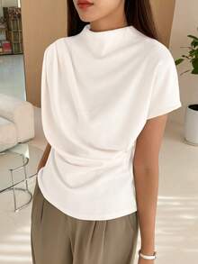 DAZY Solid Batwing Sleeve Ruched Detail Tee - White - View 5