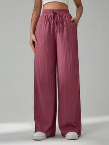 SHEIN Tall CURVE Quần dài nữ cỡ lớn, màu trơn, cạp chun co giãn. - Màu đỏ tím - Xem 9