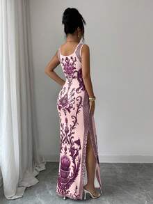 SHEIN Elenzya Printed Chinoiserie Waist-Cinching Slit Retro Elegant Middle Eastern UAE Style Robe, Tight Fit, Pink, Sleeveless Night Out Vacation Summer - Coral Pink - View 2