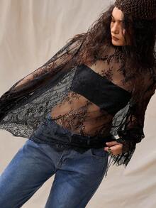 Nubod Plus Size Lace Fabric High Collar Long Sleeve Cuff Ruffle Asymmetrical Hem Fitted Sheer Blouse, Elegant For Outings, Dates, Parties, Beach Vacations - Black - View 5