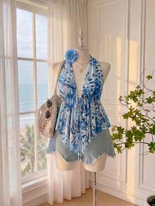 Comfortcana Plus Size Women Brown Halter Neck Tie Ruffle Hem Blouse, Spring/Summer Holiday Beach Gym Vacation Party Boho - Blue - View 4
