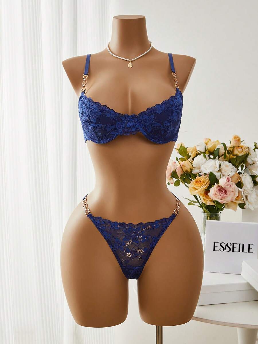 Esselle 2件套女士蕾丝无钢圈文胸套装,日常穿着 - 藏蓝色 - 查看 1