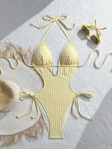 ROMWE Kawaii Bộ đồ bơi nữ size 26SS Xuân/Hè mới, màu vàng bơ, chất liệu vải dệt họa tiết, cổ chữ V sâu, viền hoa màu xanh da trời, lưng khoét hở, buộc dây, thích hợp cho kỳ nghỉ biển. - Màu vàng - Xem 3