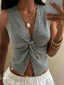 DAZY Áo vest nữ mùa hè, kiểu dáng thường ngày, cổ chữ V, họa tiết kẻ caro, không tay, thích hợp cho kỳ nghỉ. - màu đen - Xem 5