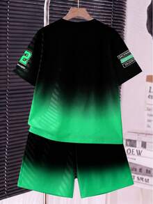 Tween Boy T-Shirt And Shorts Set, All Featuring Black And Green Gradient Design - Multicolor - View 3
