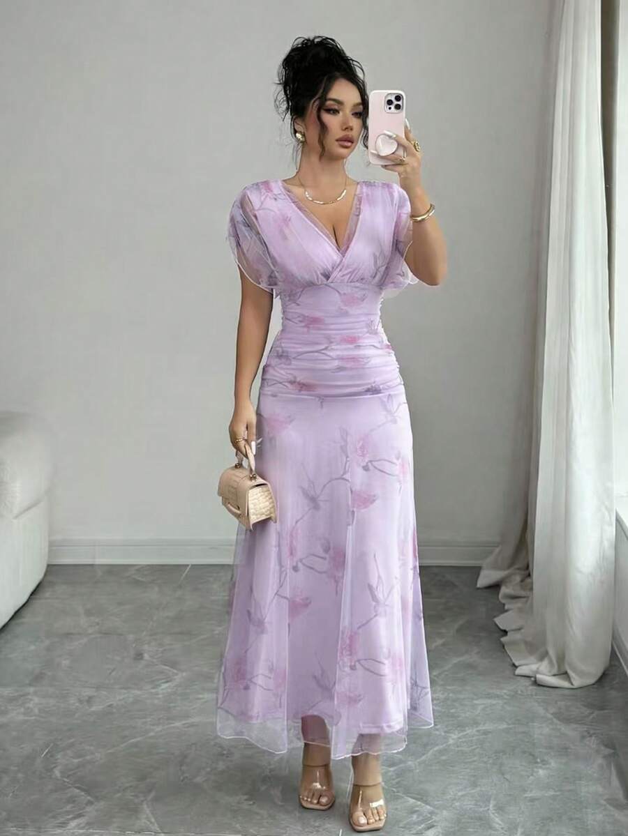Elenzga 女士浅粉色网纱印花牡丹花卉长裙，带衬里，适合20-35岁以上女性出席正式晚宴、婚礼、情人节约会（随机花卉图案） - 淡紫色 - 查看 1