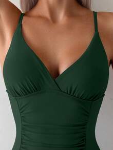 Swim Basics Women's Summer Vacation Beach Solid Color Ruched Spaghetti Strap One-Piece Swimsuit - Dark Green - View 6