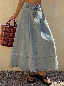 Livesso Vintage Washed Blue Loose Casual Street Outdoor A-Line Pleated Design Women Denim Skirt, Suitable For Summer, Spring, Autumn - Light Wash - View 6