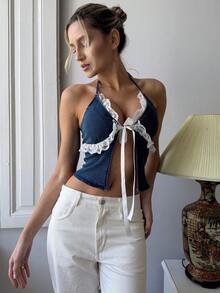 DAZY Top de tirantes de mujer de estilo bohemio, elegante y casual para vacaciones, con encaje y parches, ideal para primavera y verano - Azul - Ver 6