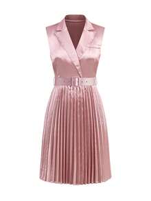 Ellevyn Collared Waist Gathered Pleated Dress, Elegant Office Wear - Pink - View 6