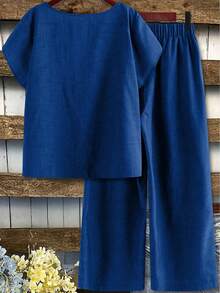 Linhara Plus Size Women's Spring/Summer Asymmetrical Collar Floral Puff Sleeve Regular Shirt + Elastic Waist Loose Casual Pants 2-Piece Set - Royal Blue - View 2