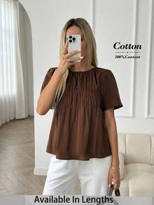 SHEIN PETITE CURVE 大码纯棉休闲通勤短袖衬衫，夏季时尚女式衬衫，优雅女式上衣，外出上衣，棕色纯棉衬衫，咖啡棕色上衣，休闲上衣 - 巧克力棕 - 查看 1