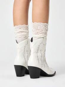 ROMWE Fairycore 2026 New Women's Small Square Toe Solid Color Thick Heel Fashion Sleeve Ankle Boots Western Boots And Ankle Boots - White - View 5